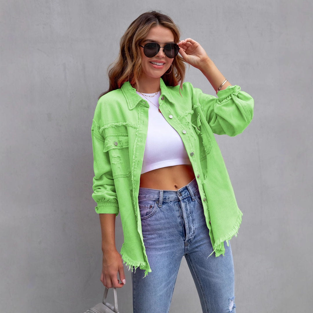 Damen Jeansjacke im lässigen Oversize-Schnitt mit fransigen Details R&B