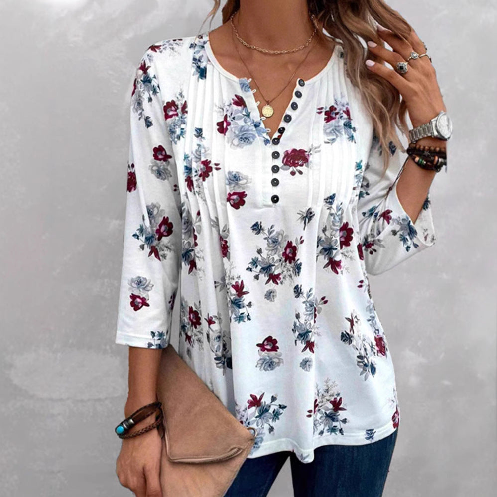 Damen nan florale Tunika-Bluse mit Kellerfalten und Zierknopfleiste R&B