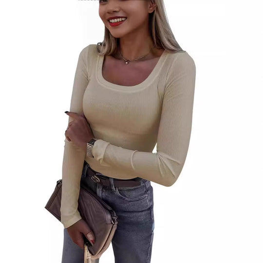 Damen Langarm Ripp-T-Shirt mit elegantem U-Boot-Ausschnitt R&B