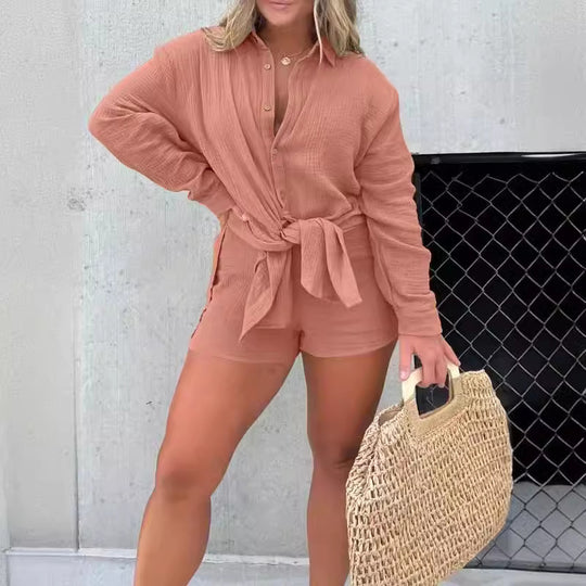 Damen lässiges Krepp-Blusenshirt und Shorts-Set mit taillierbarem Gürtel R&B
