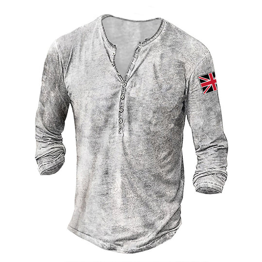 Herren modisches Langarmhemd mit Knopfleiste und Flaggenapplikation R&B