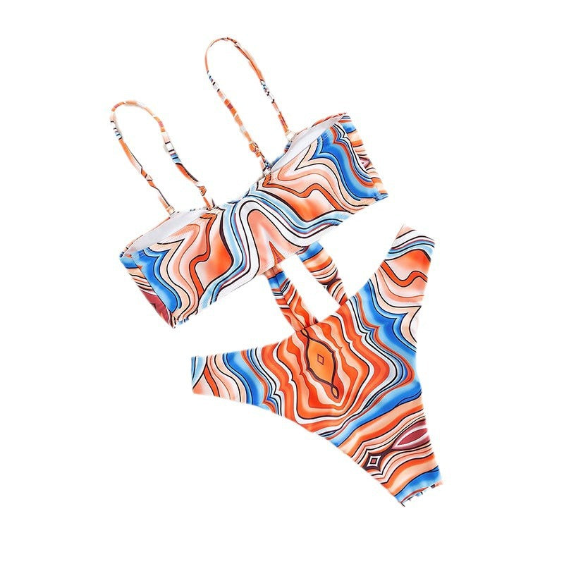 Damen Bandeau-Bikini mit verspieltem Wickeldesign und buntem Muster R&B