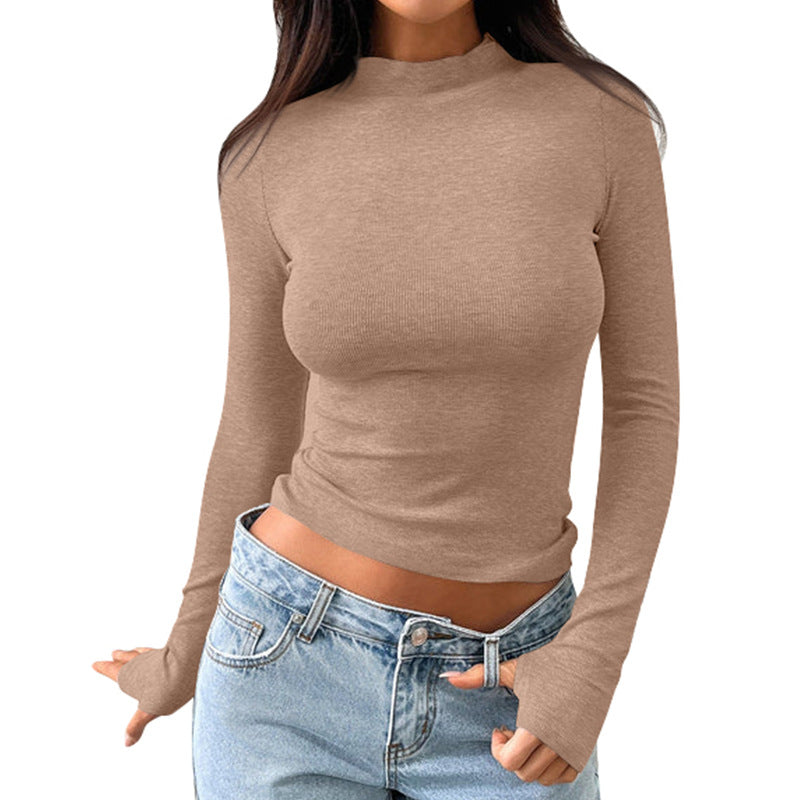 Damen hochwertiges Langarmshirt mit Stehkragen und feiner Rippstruktur R&B