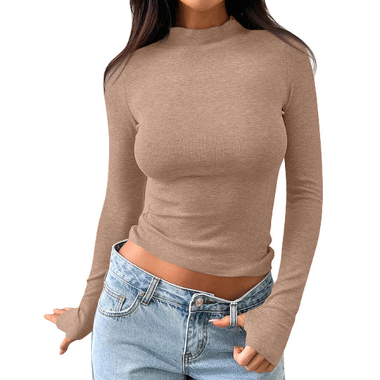 Damen hochwertiges Langarmshirt mit Stehkragen und feiner Rippstruktur R&B