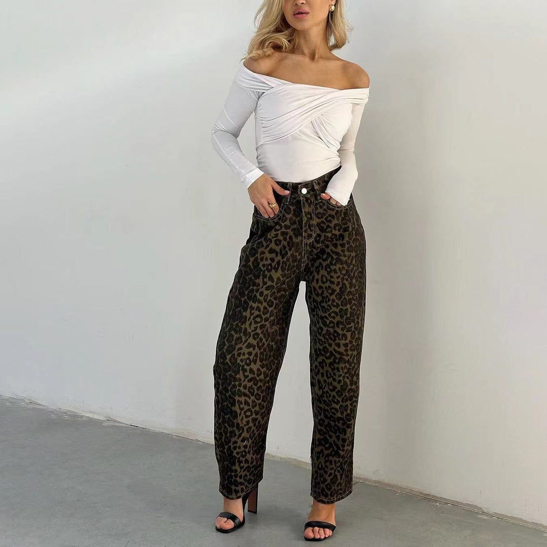 Damen Leo-Print Jeanshose mit hoher Taille und geradem Schnitt R&B