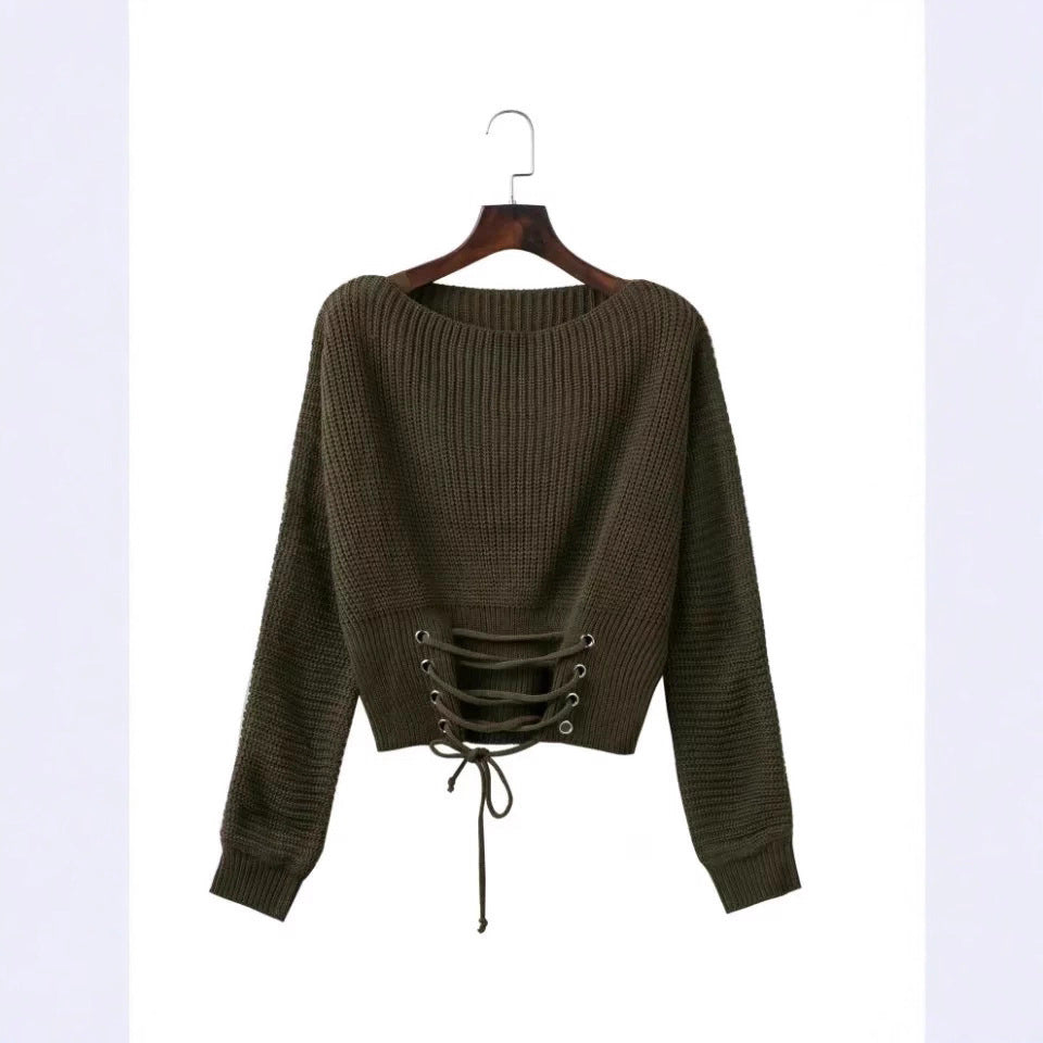 Damen modischer Strickpullover mit tiefem Rückendetail und lässiger Passform R&B