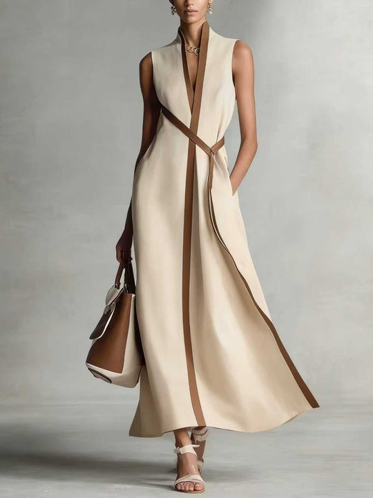 Damen elegantes Maxikleid mit Taillenschnitt und schmalem Gürtel R&B