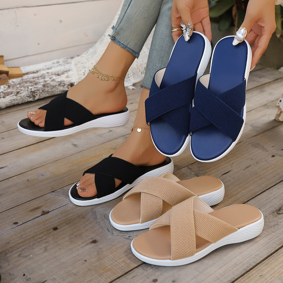 Damen Komfortable Clogs mit überkreuzten Riemen und rutschfester Sohle R&B