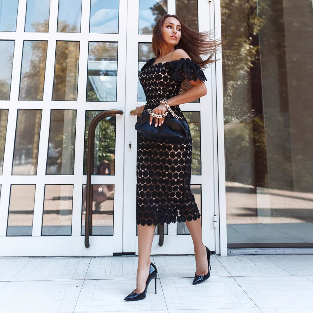 Damen Figurbetontes Spitzenkleid mit schulterfreiem Design und voluminösen Puffärmeln R&B