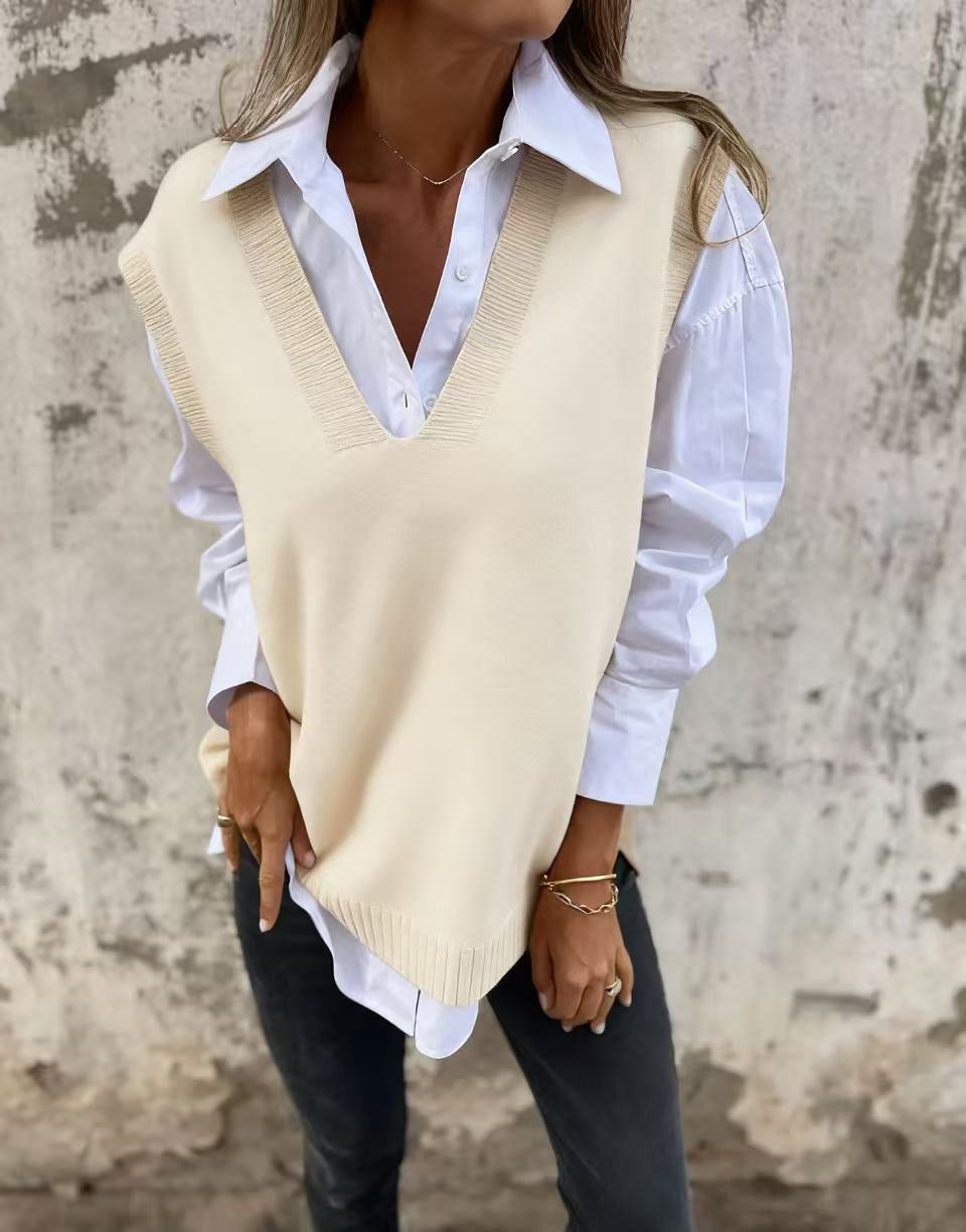 Damen lässiger Strickpullover mit V-Ausschnitt R&B