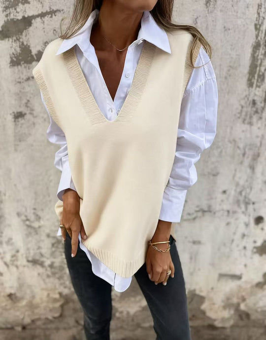 Damen lässiger Strickpullover mit V-Ausschnitt R&B