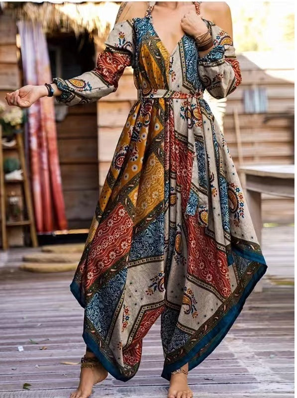 Damen Maxi-Kleid im Boho-Stil mit Cut-Out-Ärmeln und floralen Mustern R&B