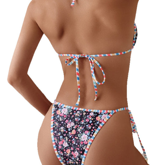 Damen Triangel-Bikini mit verspieltem Blumenmuster und gewagten Bindebändern R&B