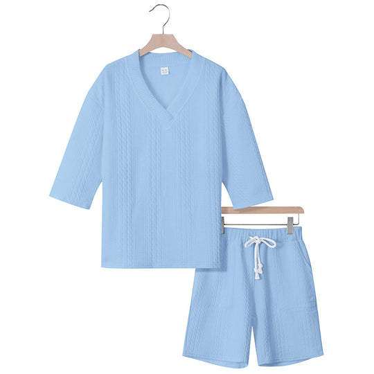 Unisex nan lässiges Lounge-Set mit V-Ausschnitt-Oberteil und Kordelbund-Shorts R&B