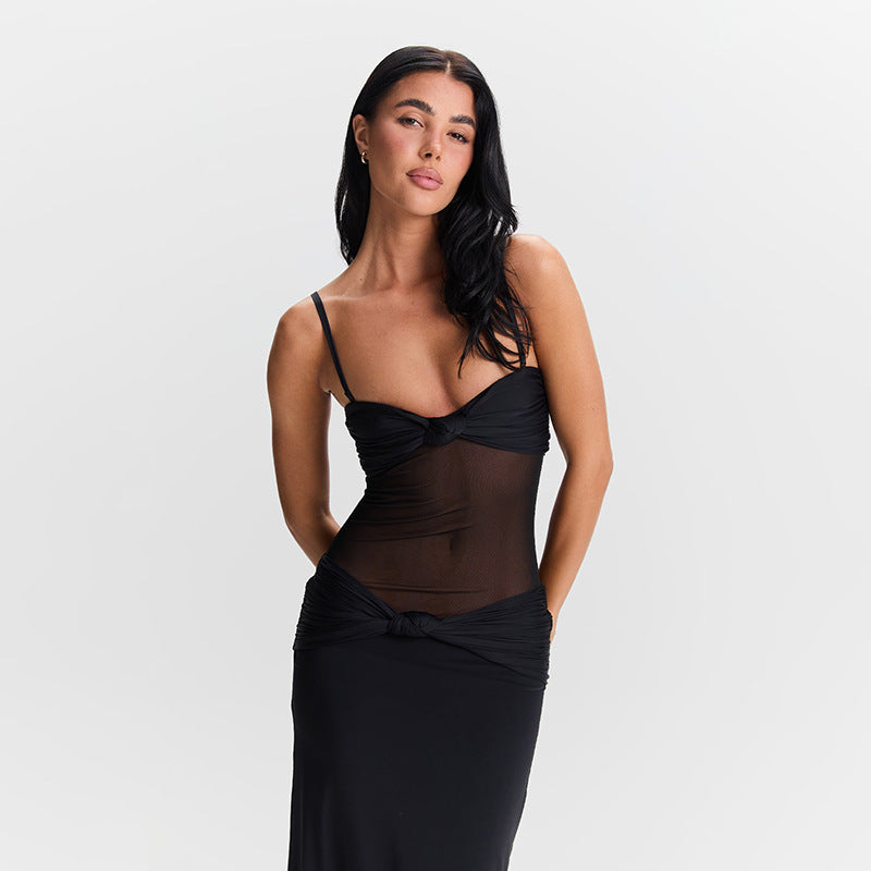 Damen Maxikleid mit tiefem V-Ausschnitt und raffinierten Knoten-Details R&B