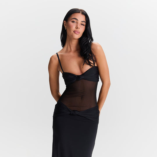 Damen Maxikleid mit tiefem V-Ausschnitt und raffinierten Knoten-Details R&B