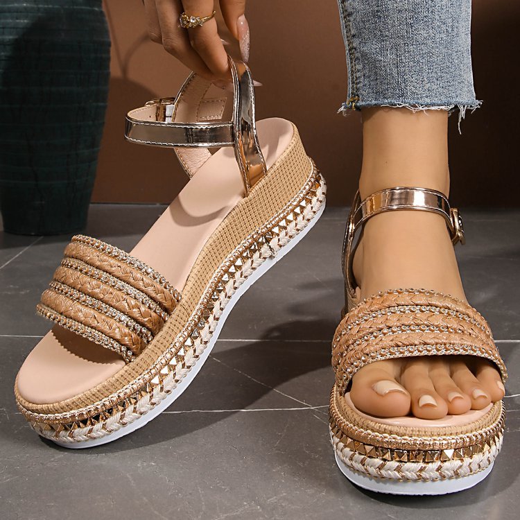 Damen Riemensandalen mit modischer Schmuckverzierung und Plateau-Rand R&B