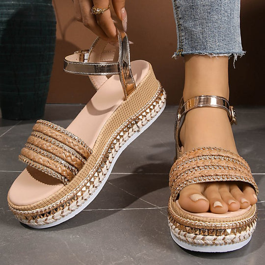 Damen Riemensandalen mit modischer Schmuckverzierung und Plateau-Rand R&B