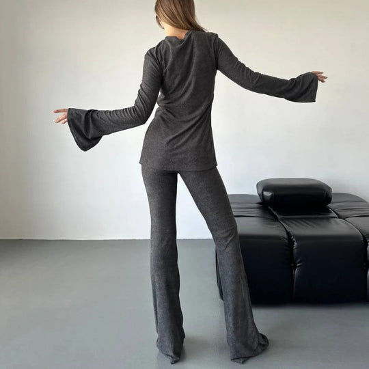 Damen lässiges Strickoberteil und Flared Hose Set R&B