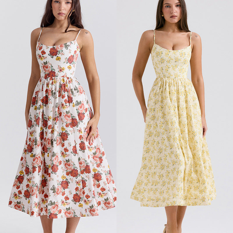 Damen Midi-Kleid mit elegantem Blumenmuster und zartem Taillenzug R&B