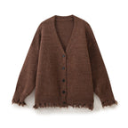 Damen lässige Strickjacke mit fransigem Saum und knöpfbarem Verschluss R&B