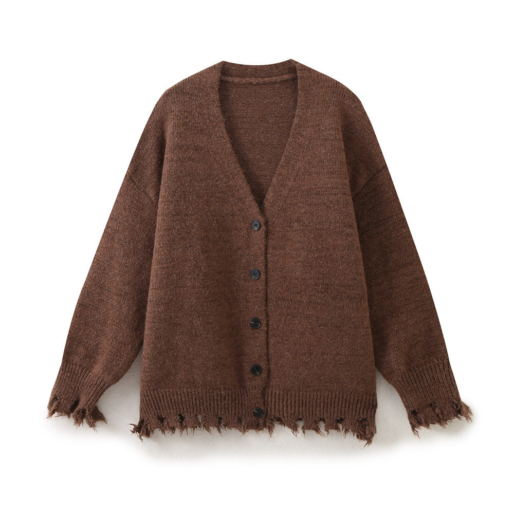 Damen lässige Strickjacke mit fransigem Saum und knöpfbarem Verschluss R&B