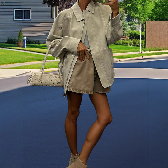 Damen lässige Kunstlederjacke im modernen Oversized-Schnitt R&B