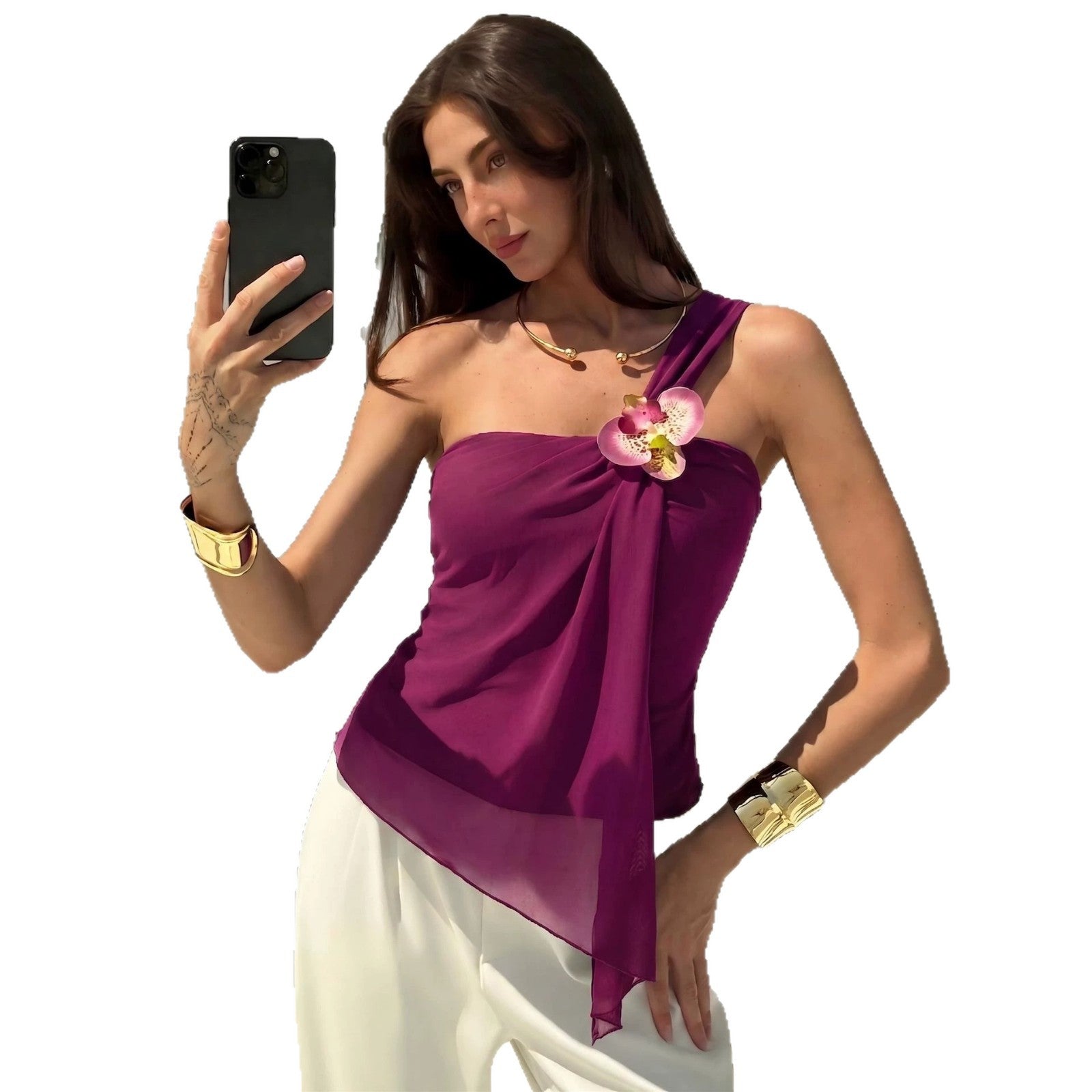 Damen nan asymmetrisches Einschulter-Chiffon-Oberteil mit Drapierung und Zierbrosche R&B