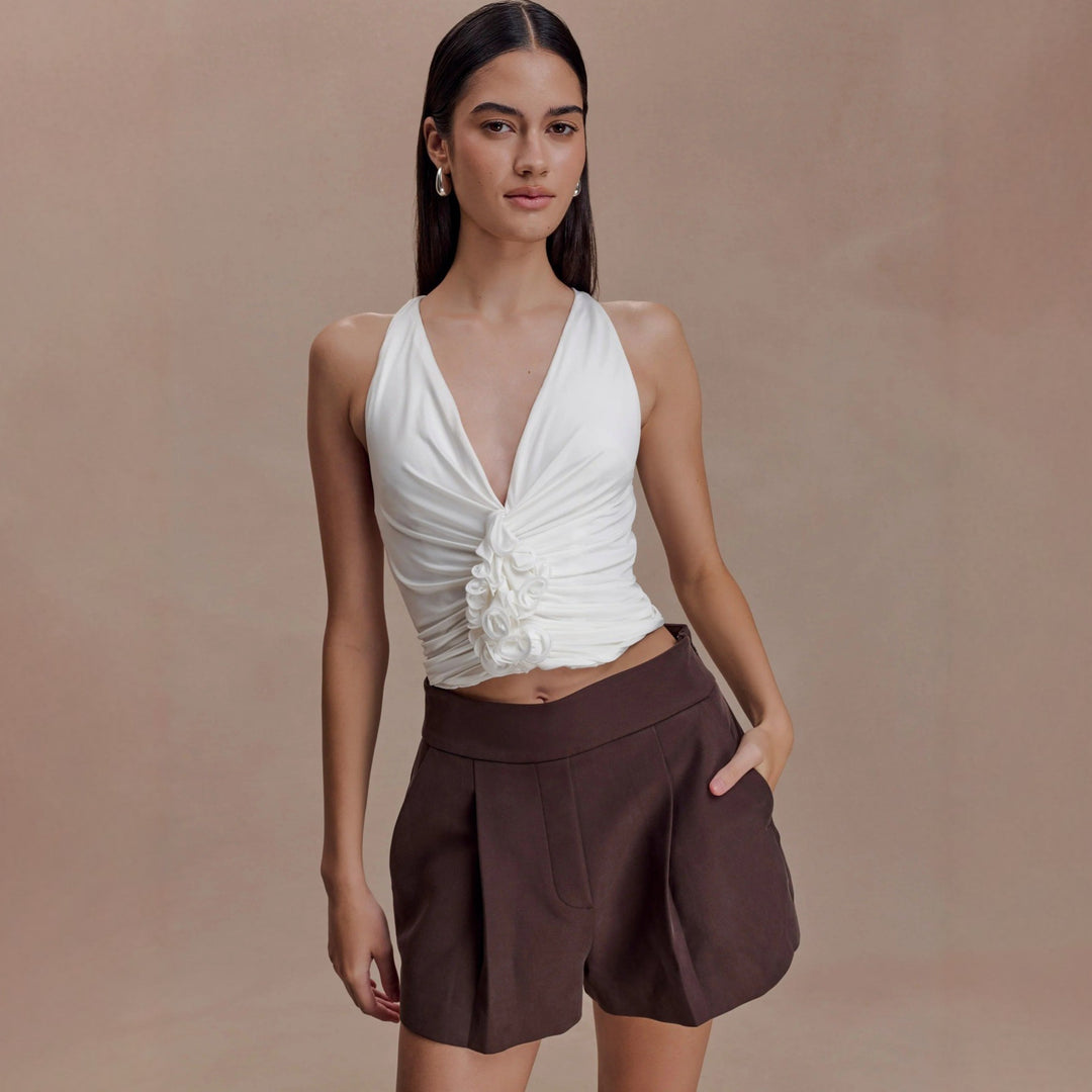 Damen Raffiniertes Top mit tiefem V-Ausschnitt und femininem Rüschendetail R&B