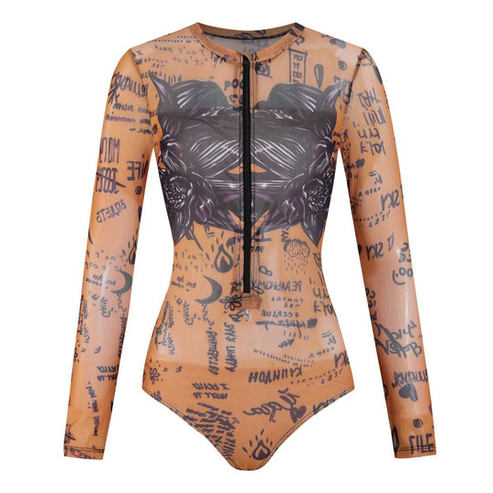 Damen langärmeliger Surfanzug mit künstlerischem Grafikdesign und Reißverschluss R&B