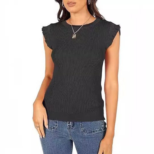 Damen figurbetontes Ripp-Shirt mit Rüschen R&B