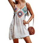Damen lässiges Strandkleid mit buntem Häkelmuster und verstellbaren Trägern R&B