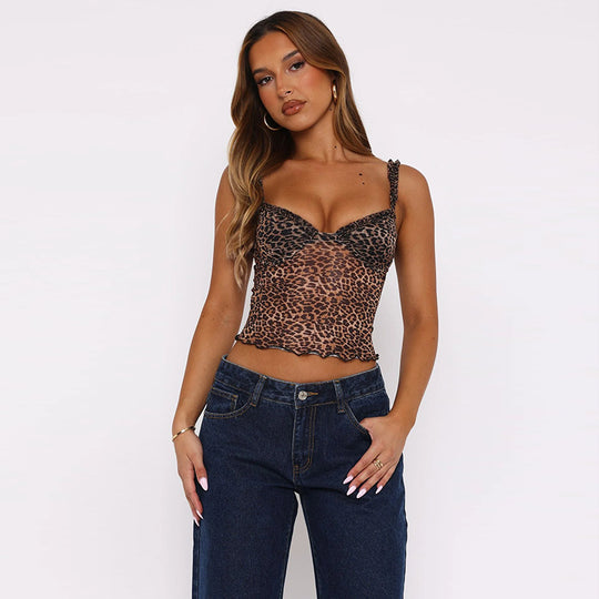 Damen verspieltes Spitzen-Crop-Top mit aufregendem Leopardenmuster R&B