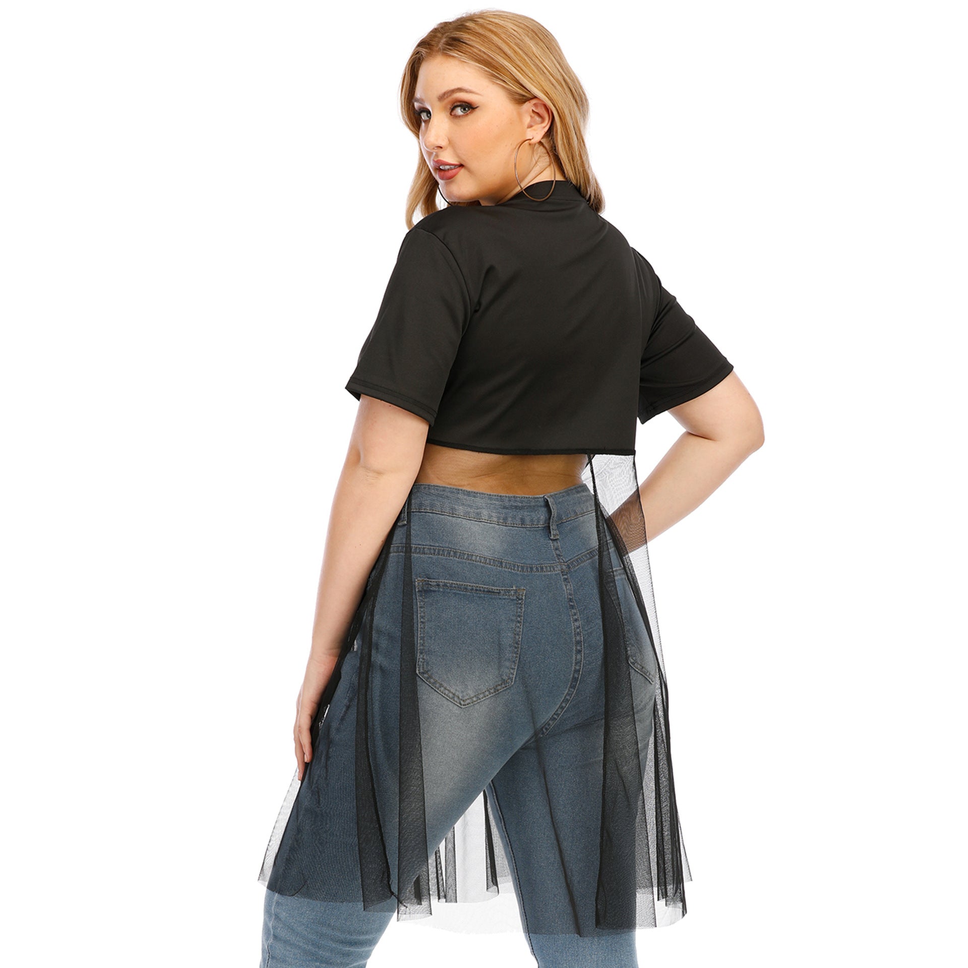 Damen modisches Crop-Top mit transparentem Überwurf und Glitzerbesatz R&B