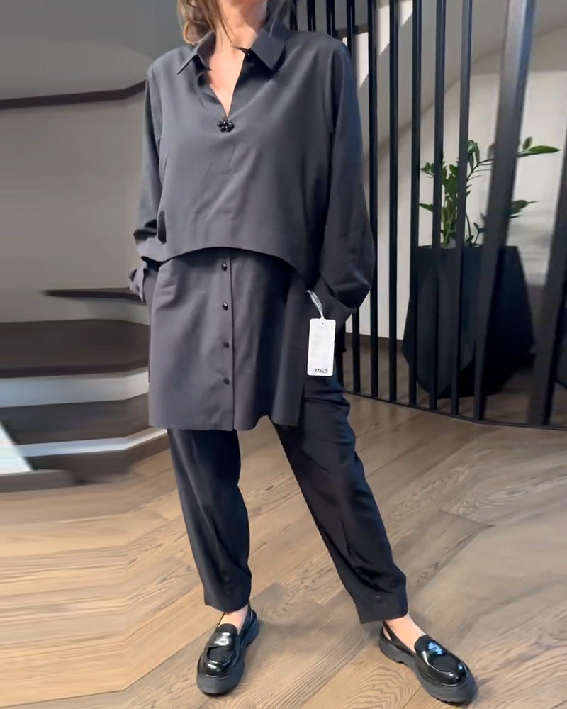 Damen nan urbanes Lagenhemd-Set mit überlappendem Kurzüberwurf und konisch geschnittener Bundfaltenhose R&B