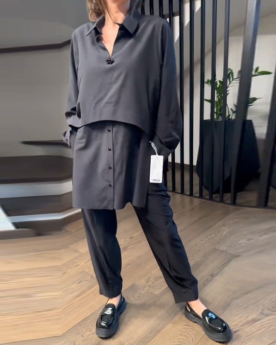 Damen nan urbanes Lagenhemd-Set mit überlappendem Kurzüberwurf und konisch geschnittener Bundfaltenhose R&B