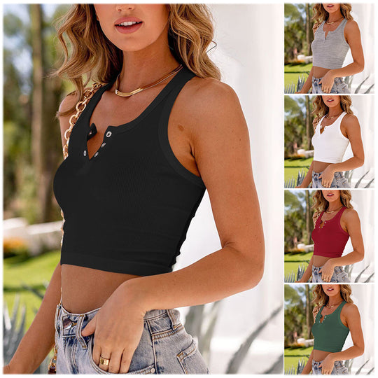 Damen Kurzarm Tanktop mit Knopfdetails und Rippstruktur R&B