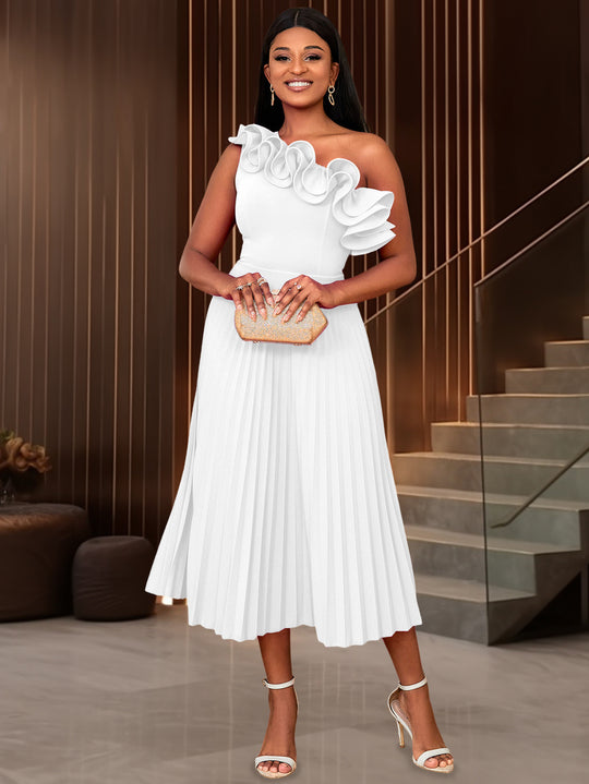 Damen Midi-Kleid mit schulterfreiem Design und voluminösen Rüschen R&B