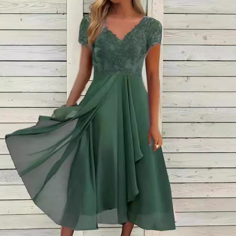 Damen Maxikleid mit elegantem Spitzeneinsatz und fließendem Rock R&B