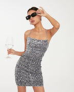 Damen Glitzerndes Minikleid mit Spaghettiträgern und figurbetontem Schnitt EB