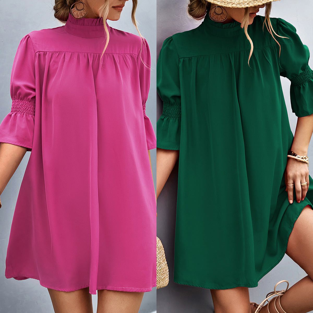 Damen Feierliches Kurzarmkleid mit Stehkragen und luftigen Ärmeln R&B