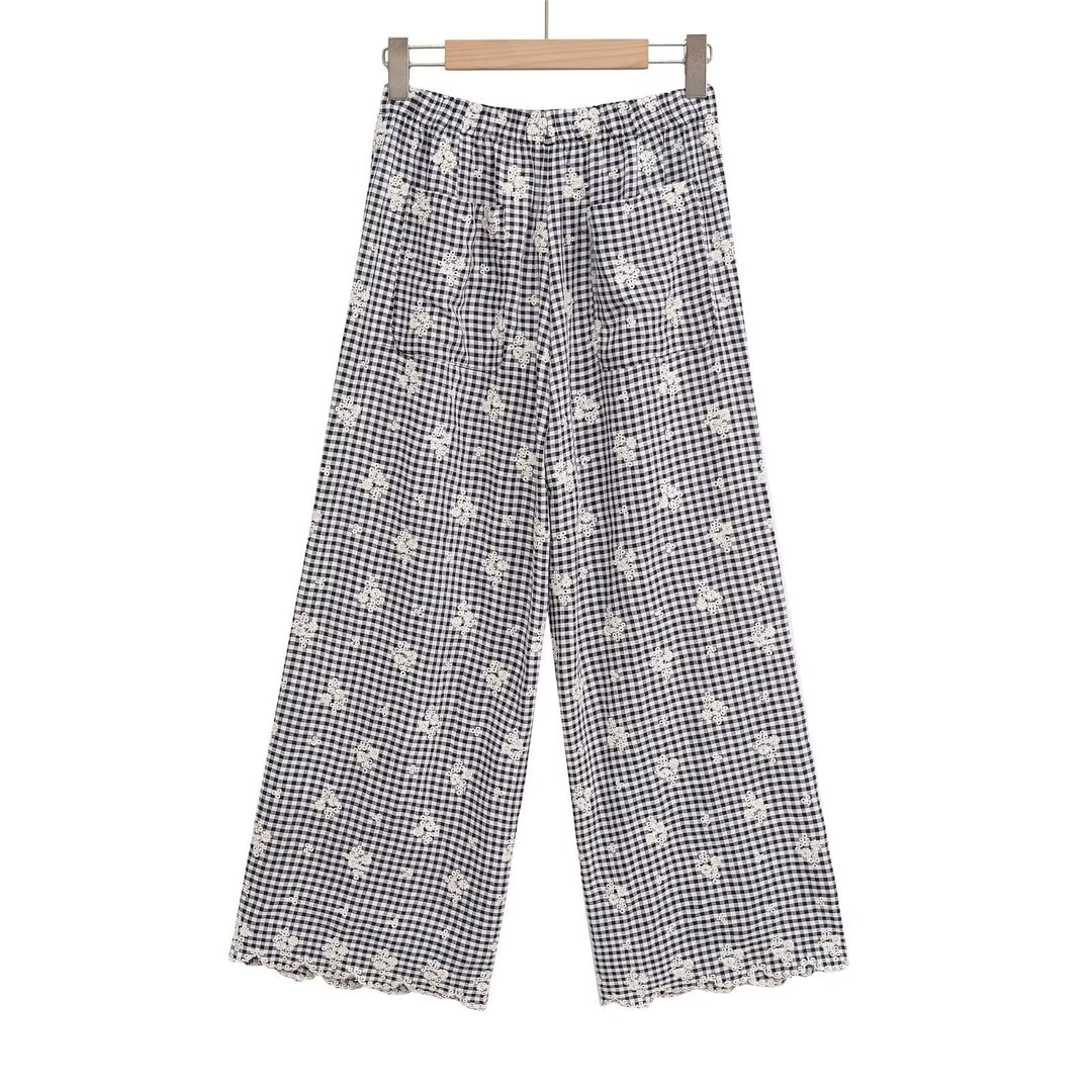 Damen weite Karottenhose mit floralem Gingham-Muster und eleganter Kantenverzierung R&B
