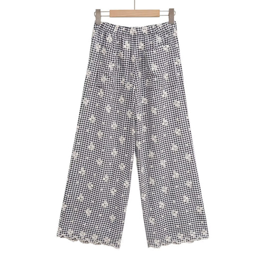 Damen weite Karottenhose mit floralem Gingham-Muster und eleganter Kantenverzierung R&B