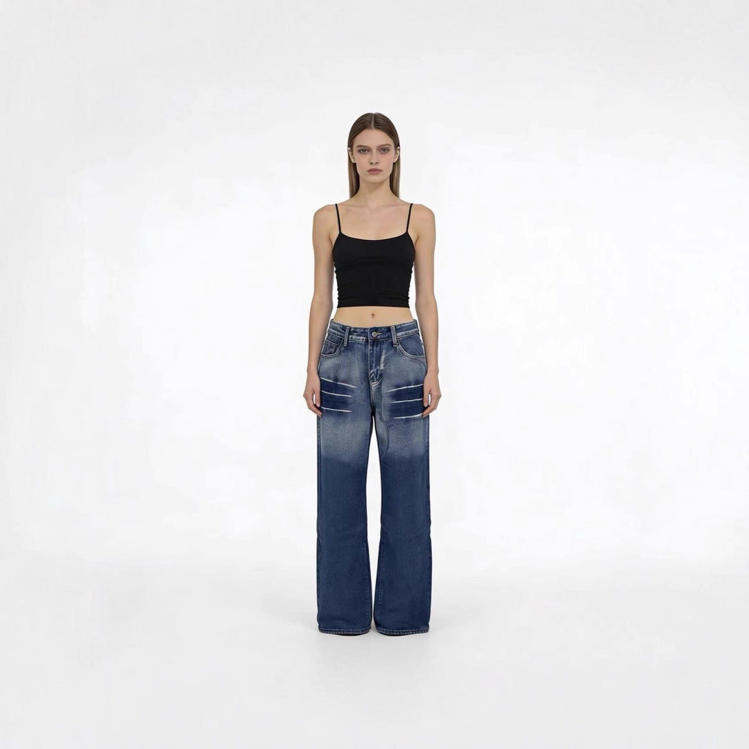 Damen weite hochgeschnittene Jeans mit besonderem Waschungseffekt R&B