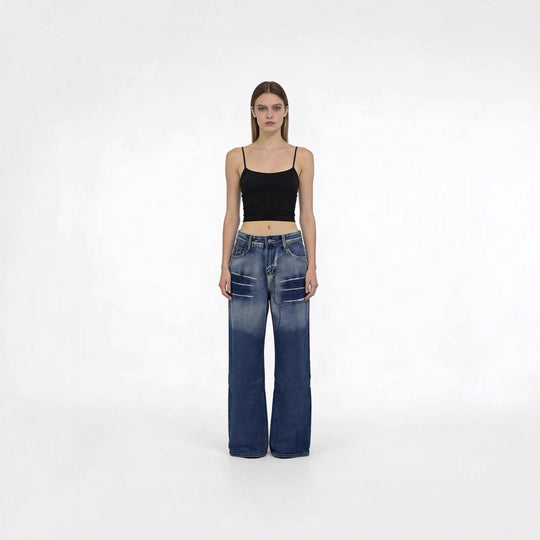 Damen weite hochgeschnittene Jeans mit besonderem Waschungseffekt R&B
