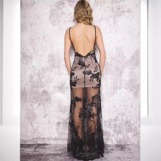 Damen Elegantes Abendkleid mit floralen Spitzenapplikationen und tiefem Schlitz R&B