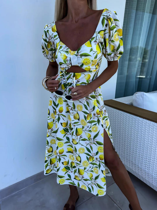 Damen Maxi Kleid mit Fruchtmotiv und Cut-Out-Details R&B