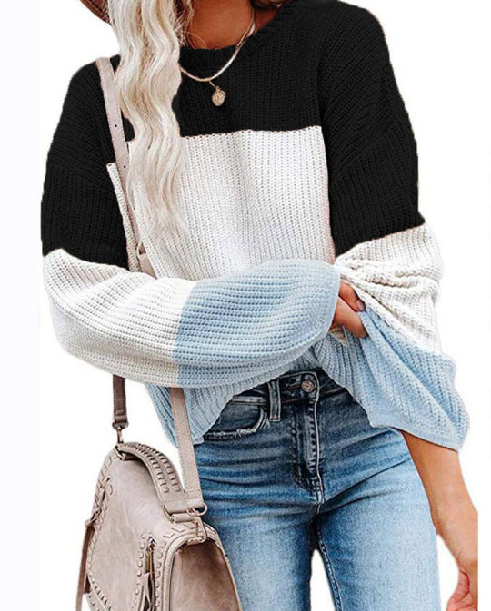 Damen modischer Strickpullover mit farbigem Blockdesign und weitem Schnitt R&B