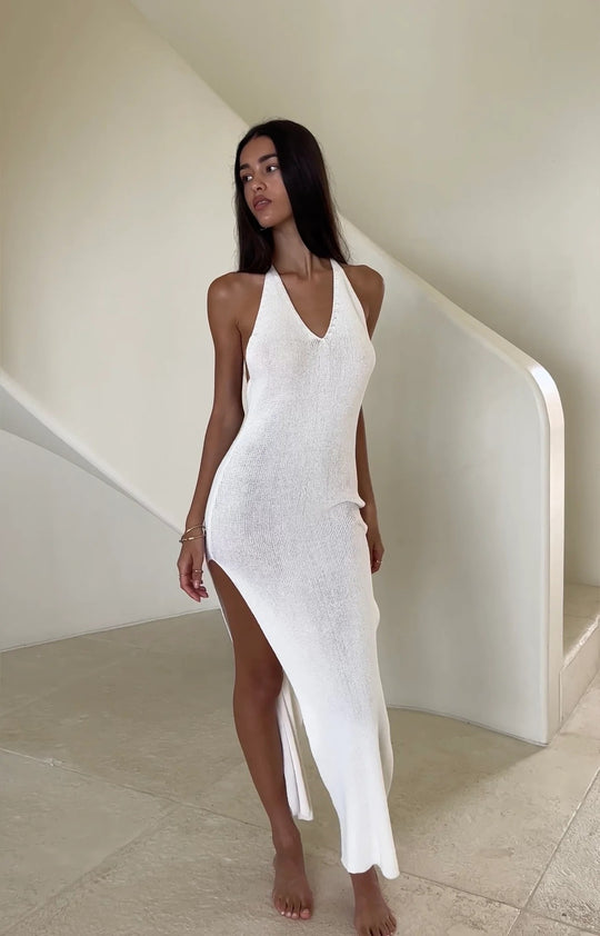 Damen Elegantes Strick-Maxikleid mit hohem Schlitz R&B