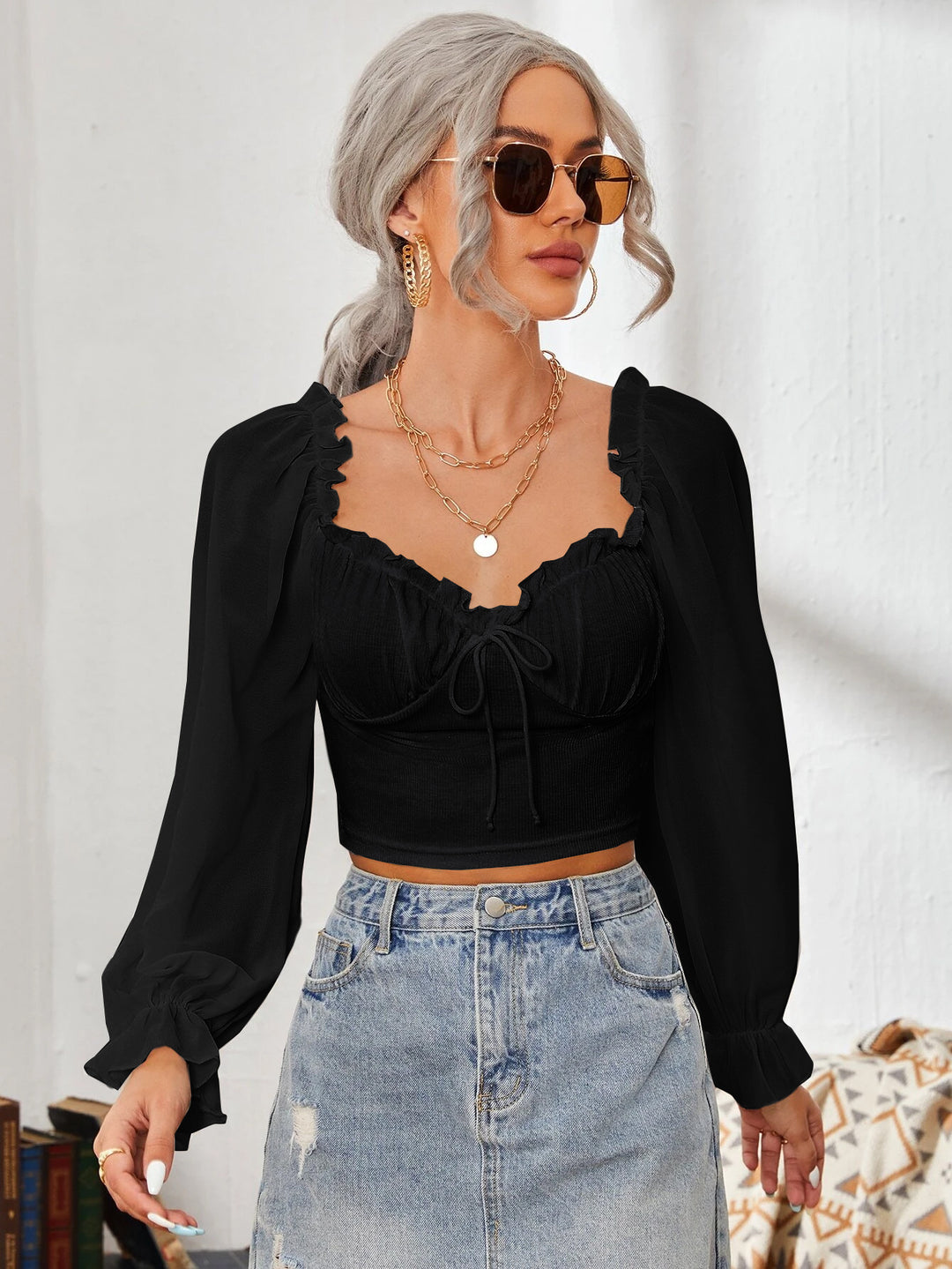 Damen Cropped-Bluse mit Rüschen und eleganten Puffärmeln R&B